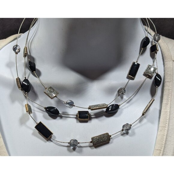 Y2K Layered Floating Glitter Necklace Black And Silver Tone - Picture 2 of 6